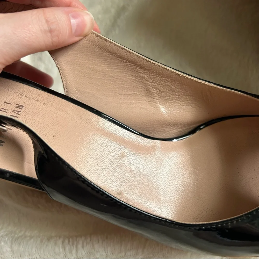Stuart Weitzman black patent leather jean peep toe cork wedge sandals 9.5 - Picture 6 of 12